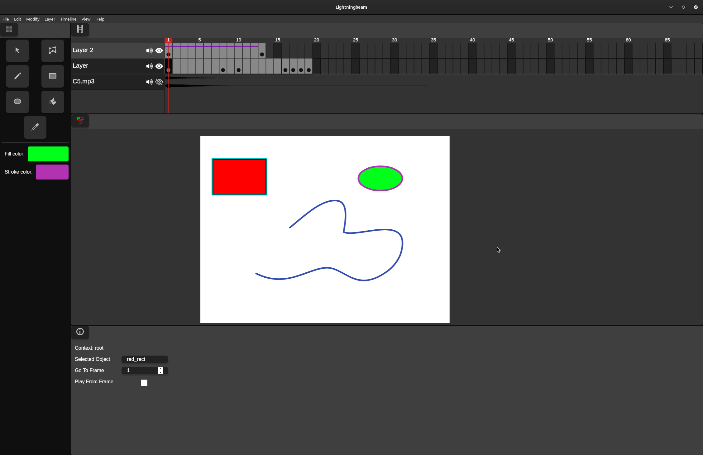 Screenshot showing stage, ActionScript window, timeline and color selection menu